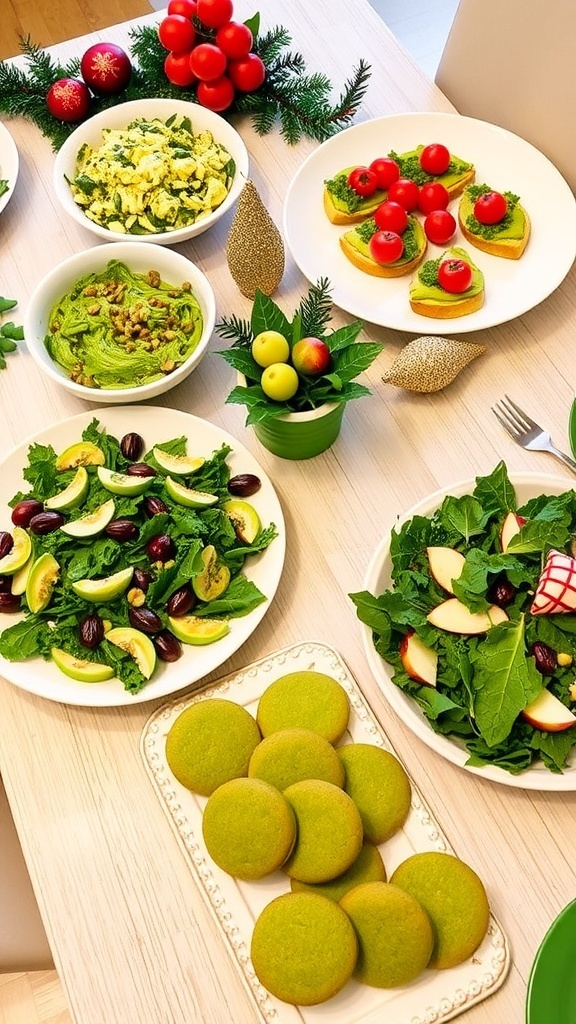 A variety of green Christmas party food including spinach dip, avocado toast, green salad, and matcha cookies on a festive table.